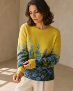 Women's Multicolour Patterned Crew Neck Sweater in Yellow, cuff detail close-up, worn by model