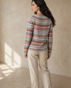Women's Fashionable Pullover Sweater Top in Blue, back yoke close-up, worn by model
