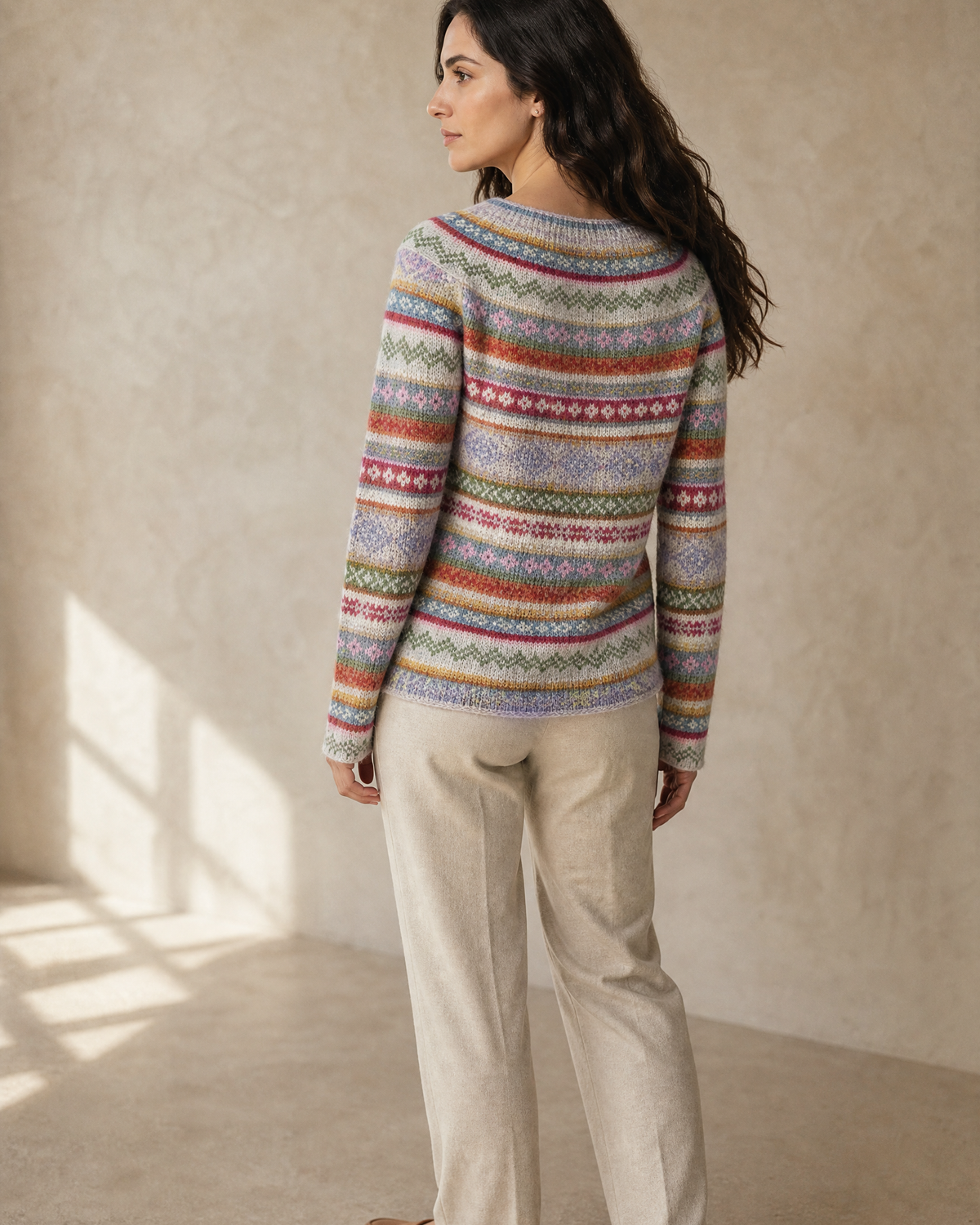 Women's Fashionable Pullover Sweater Top in Blue, back yoke close-up, worn by model
