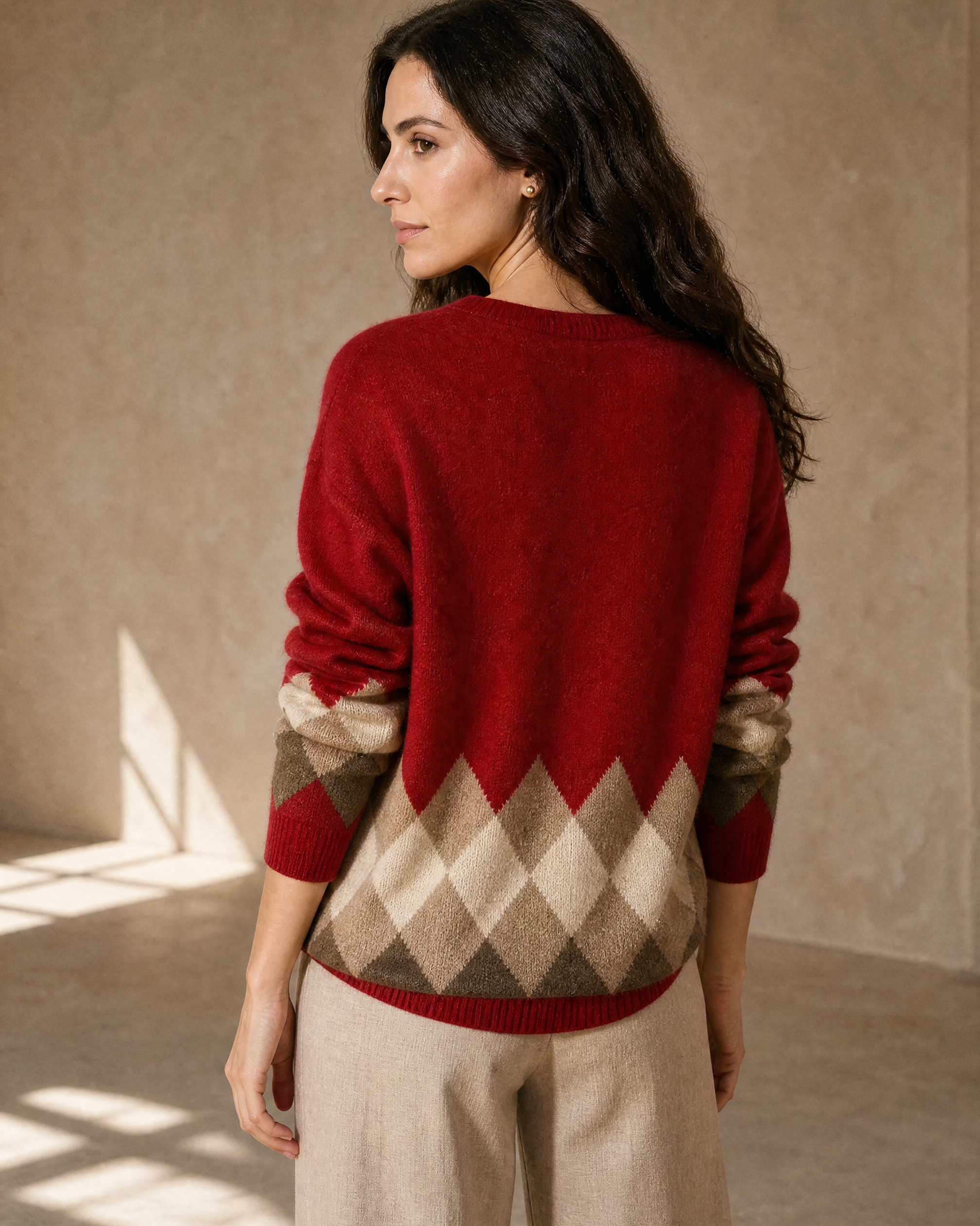 Women's Colour Block Argyle Knit Sweater in Red, back yoke close-up, worn by model