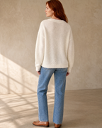 Women's Fuzzy Button Cardigan with Patch Pockets in White, back yoke close-up, worn by model