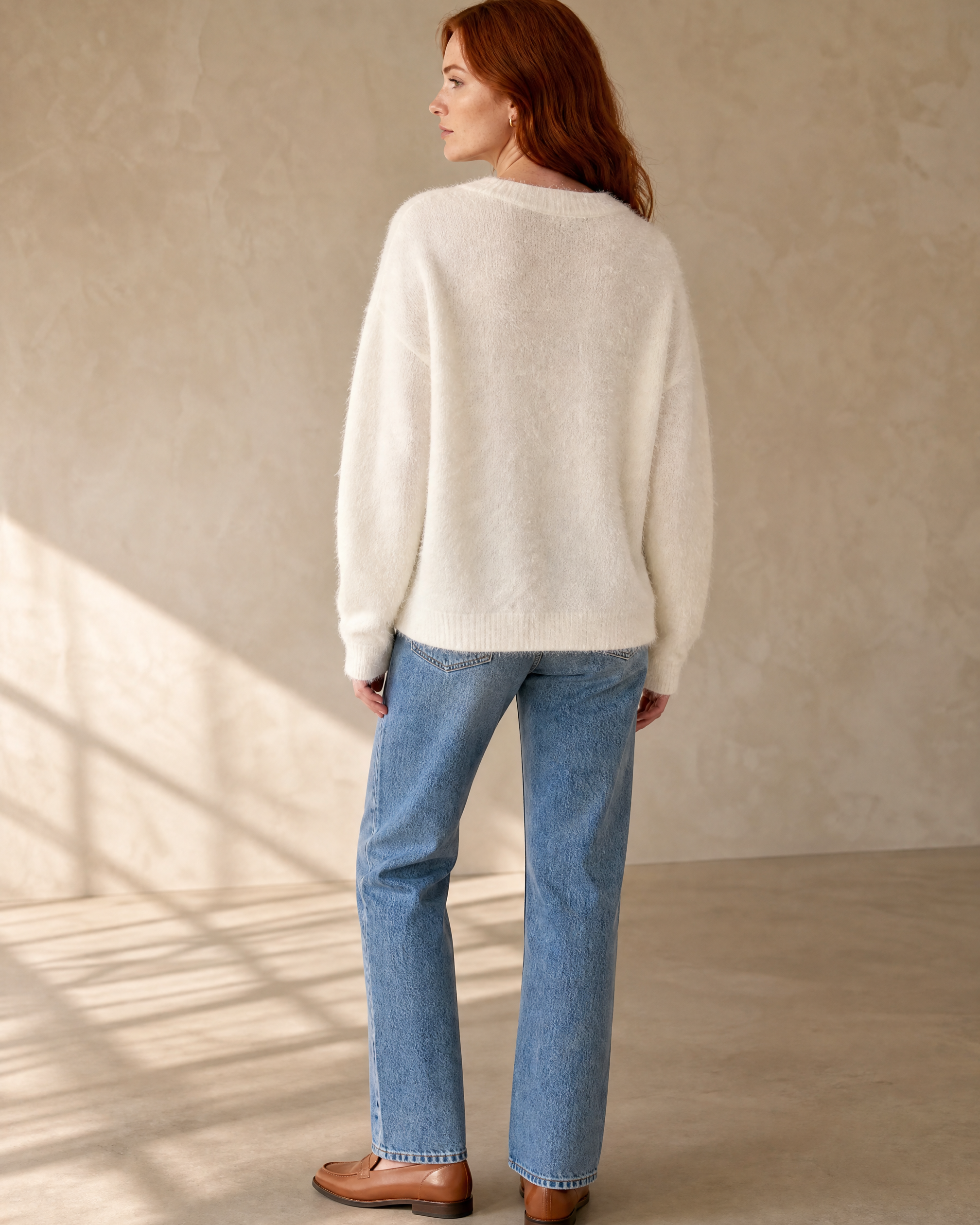 Women's Fuzzy Button Cardigan with Patch Pockets in White, back yoke close-up, worn by model