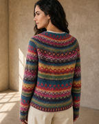 Women's Multicolour Patterned Crew Neck Sweater in Rose Red, back yoke close-up, worn by model