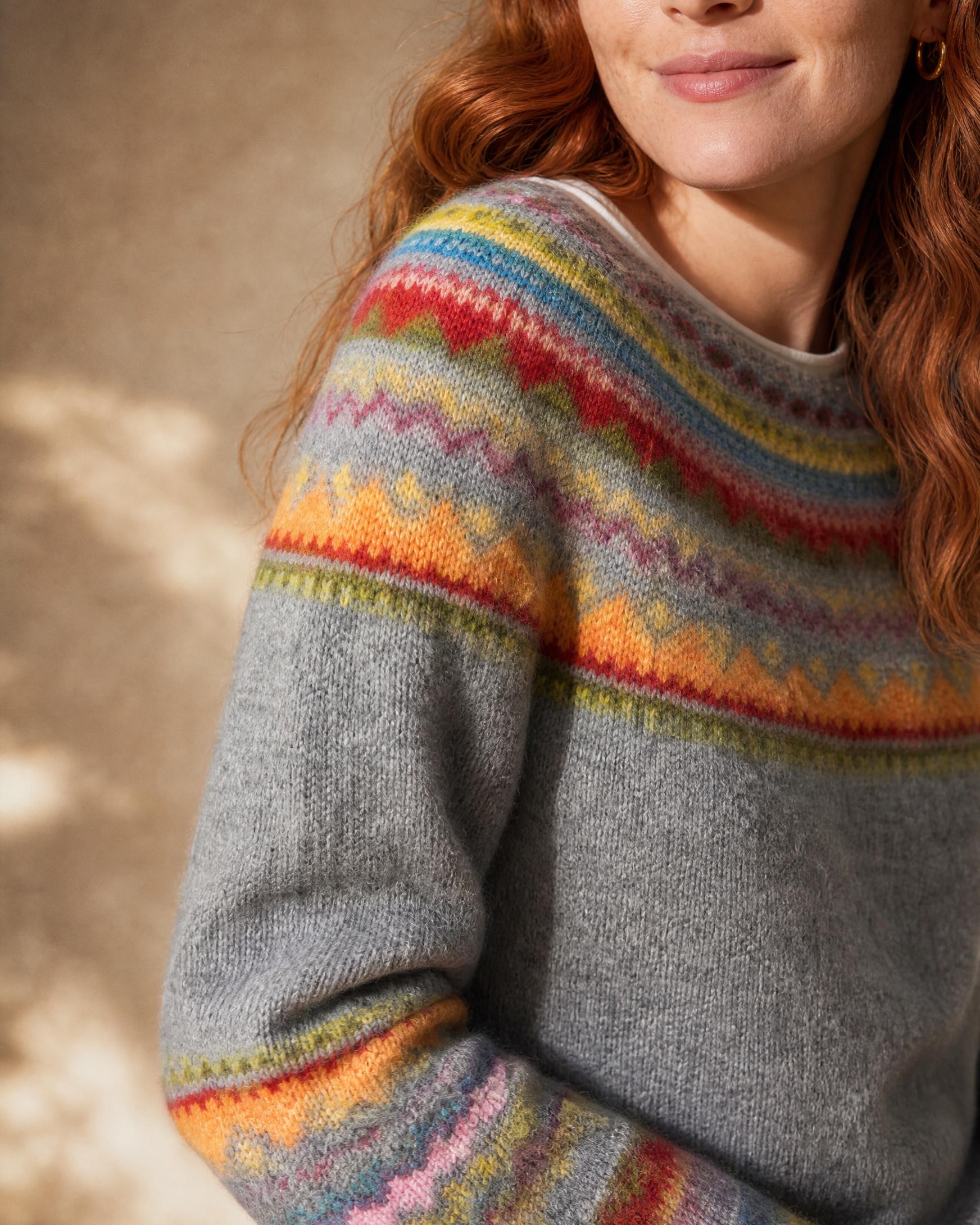 Women's Fashionable Pullover Sweater Top in Yellow, texture macro on shoulder, worn by model