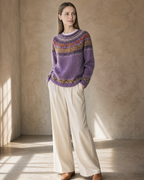 Women's Multicolour Patterned Crew Neck Sweater in Lilac, texture macro on shoulder, worn by model