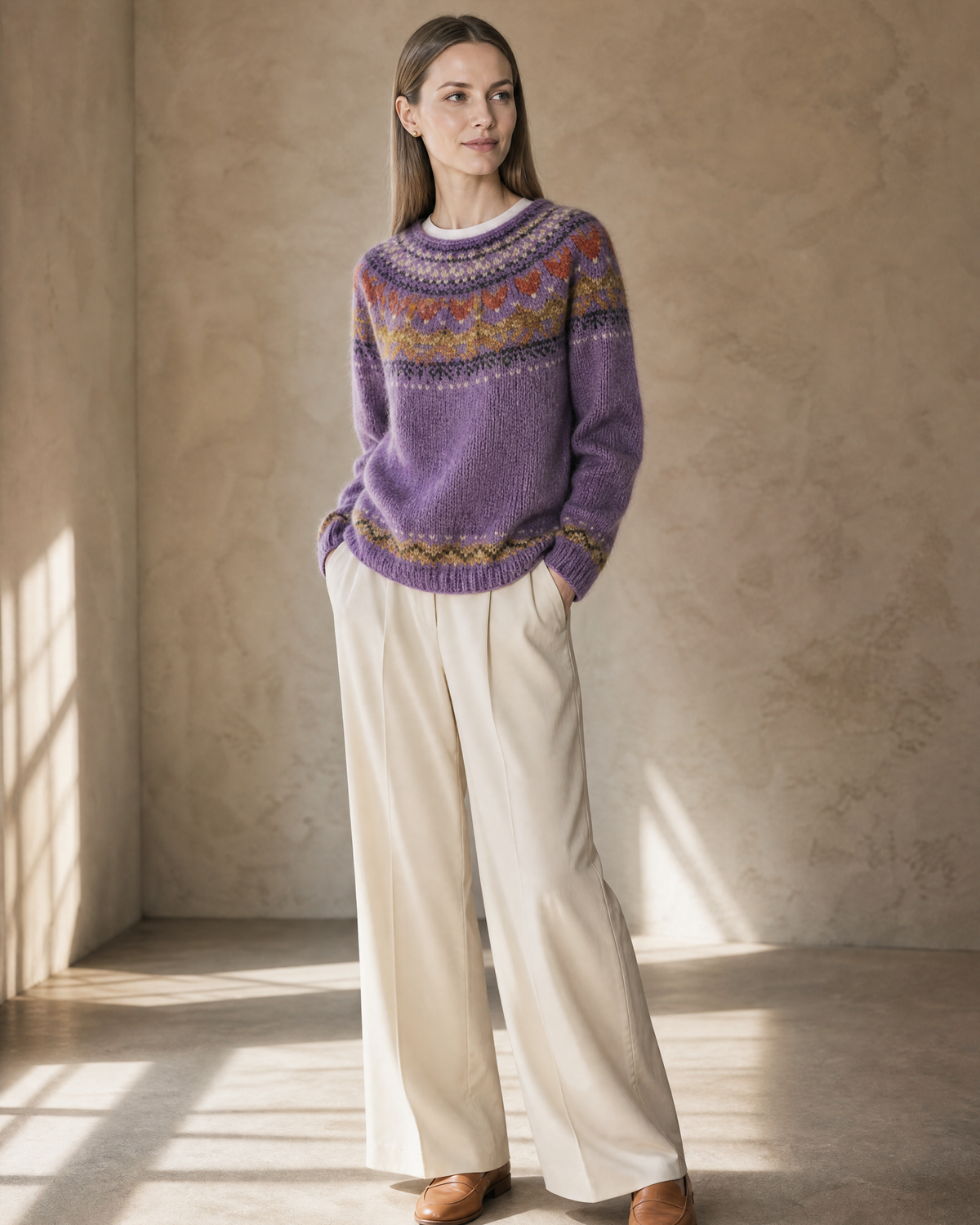 Women's Multicolour Patterned Crew Neck Sweater in Lilac, texture macro on shoulder, worn by model