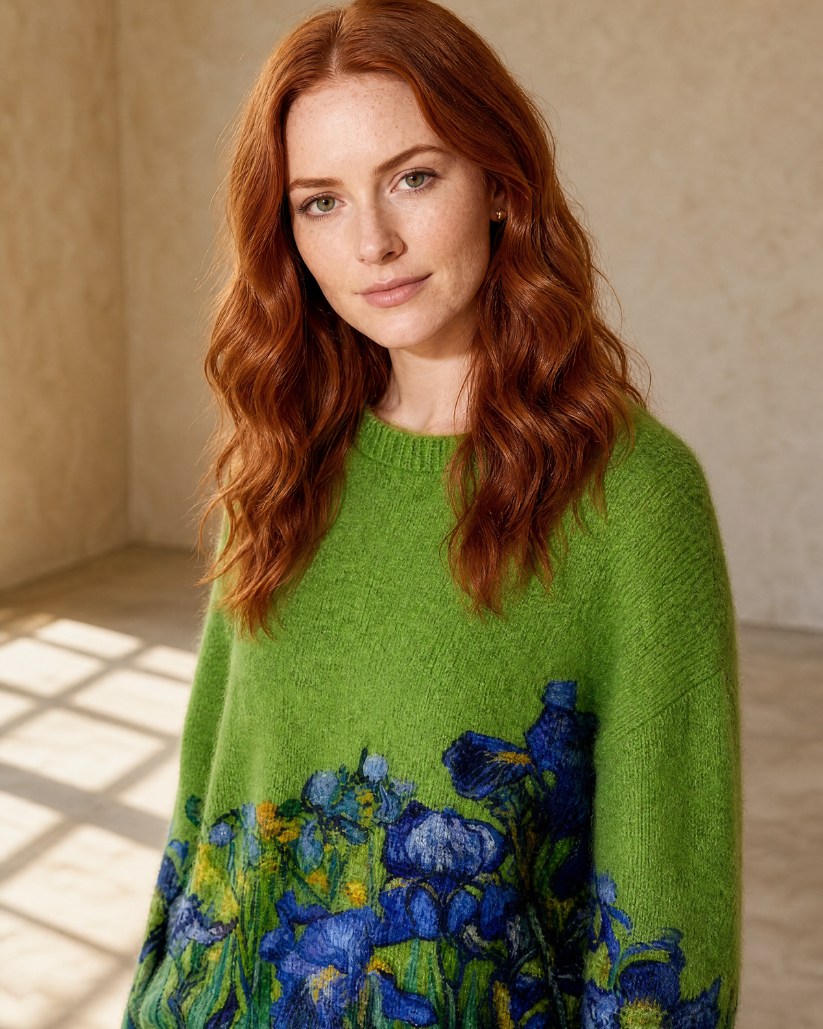 Women's Multicolour Patterned Crew Neck Sweater in Emerald green, neckline three-quarter portrait, worn by model