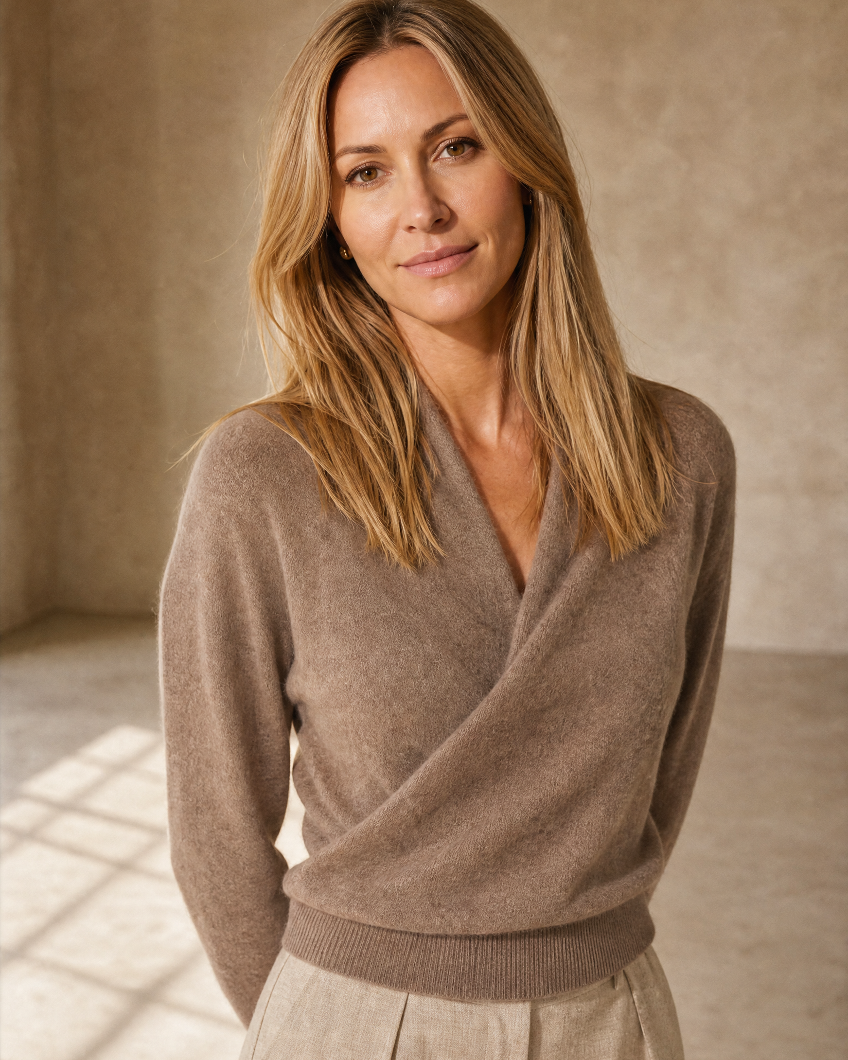 Women's Wrap V-Neck Knit Sweater for Everyday Layering in Original velvet color, neckline three-quarter portrait, worn by model