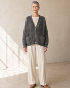 Women's Fuzzy Button Cardigan with Patch Pockets in Grey, weight back, chin lifted, worn by model