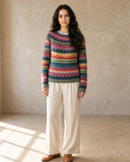 Women's Multicolour Patterned Crew Neck Sweater in Rose Red, weight back, chin lifted, worn by model