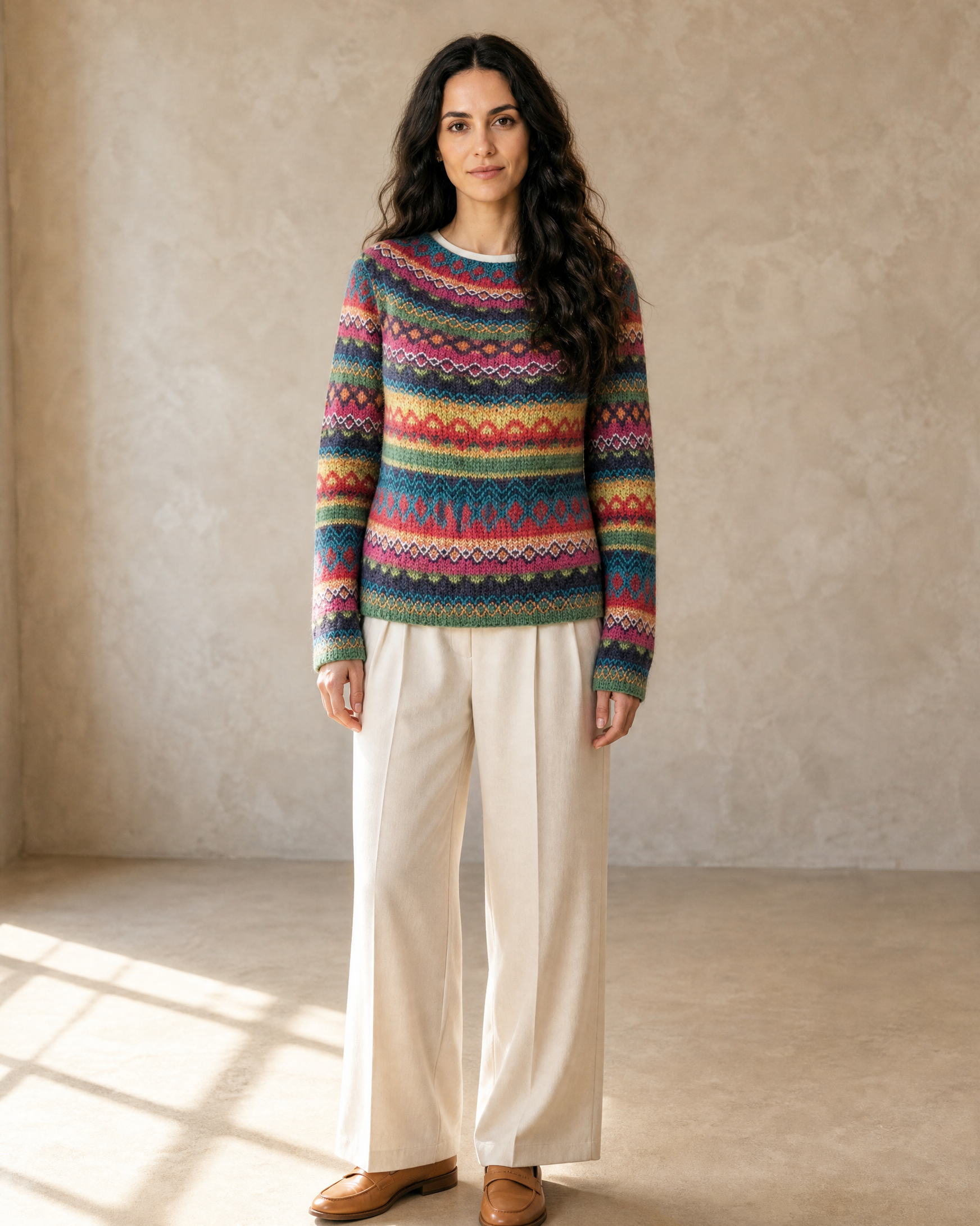 Women's Multicolour Patterned Crew Neck Sweater in Rose Red, weight back, chin lifted, worn by model