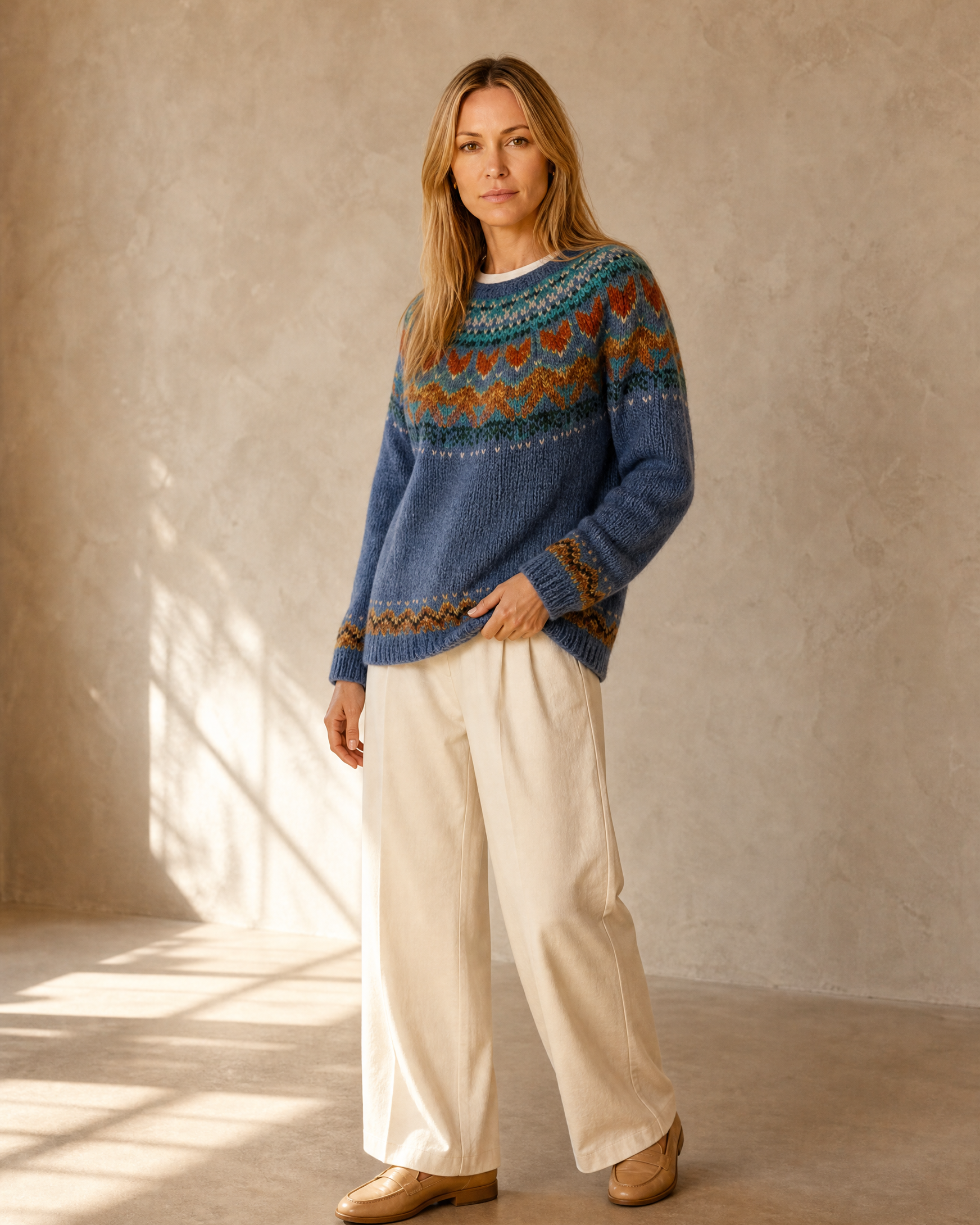 Women's Multicolour Patterned Crew Neck Sweater in Blue, half turn, hand at hem, worn by model