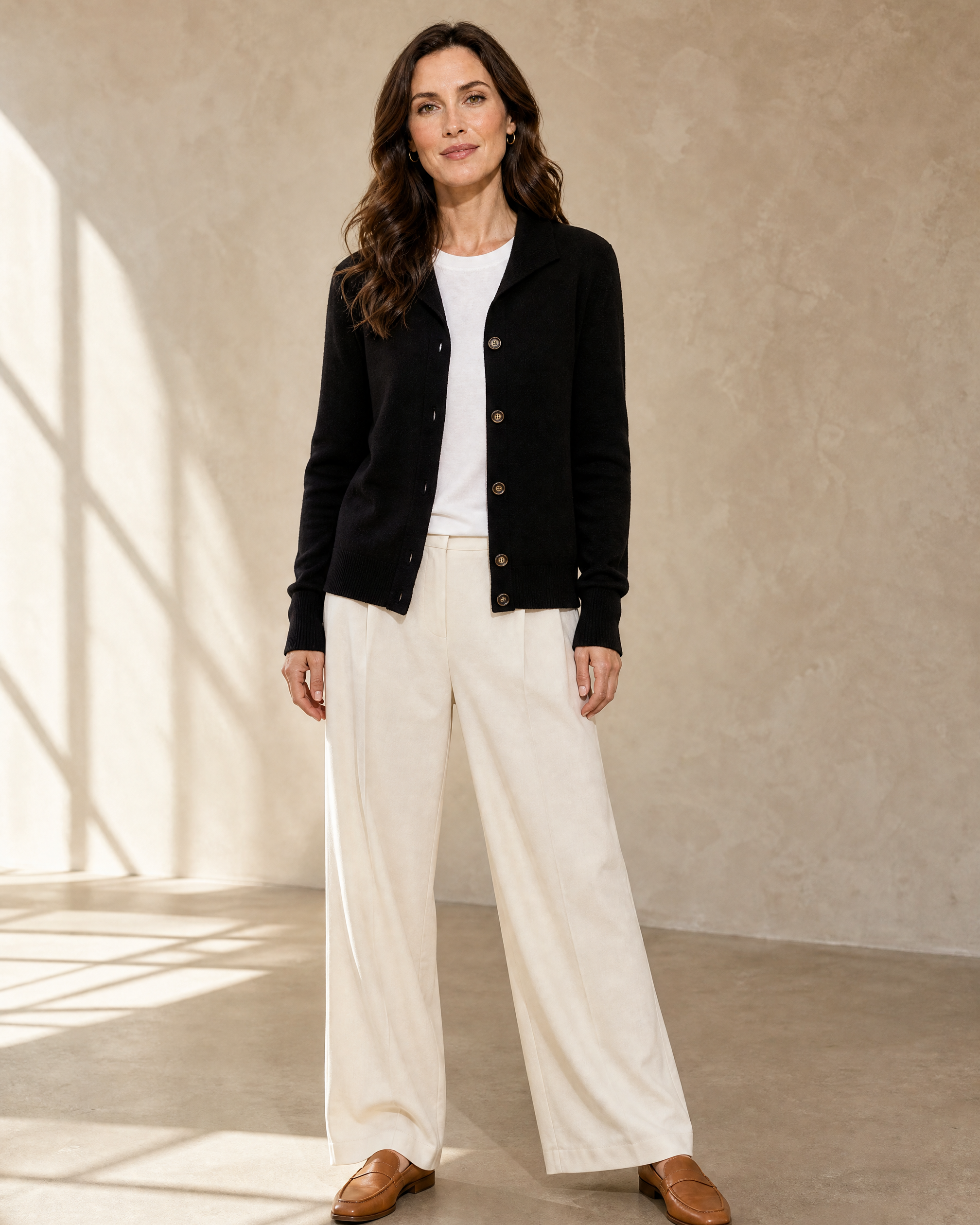 Women's Stand Collar Button Front Cardigan in Black, open stance, arms relaxed, worn by model