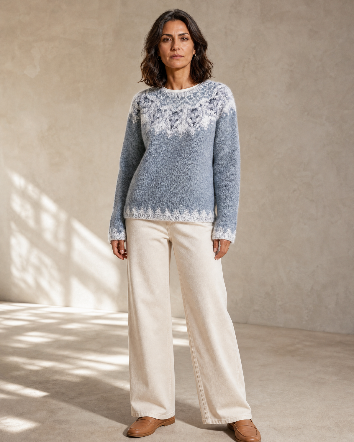 Women's Multicolour Patterned Crew Neck Sweater in Tibetan Wolf, open stance, arms relaxed, worn by model