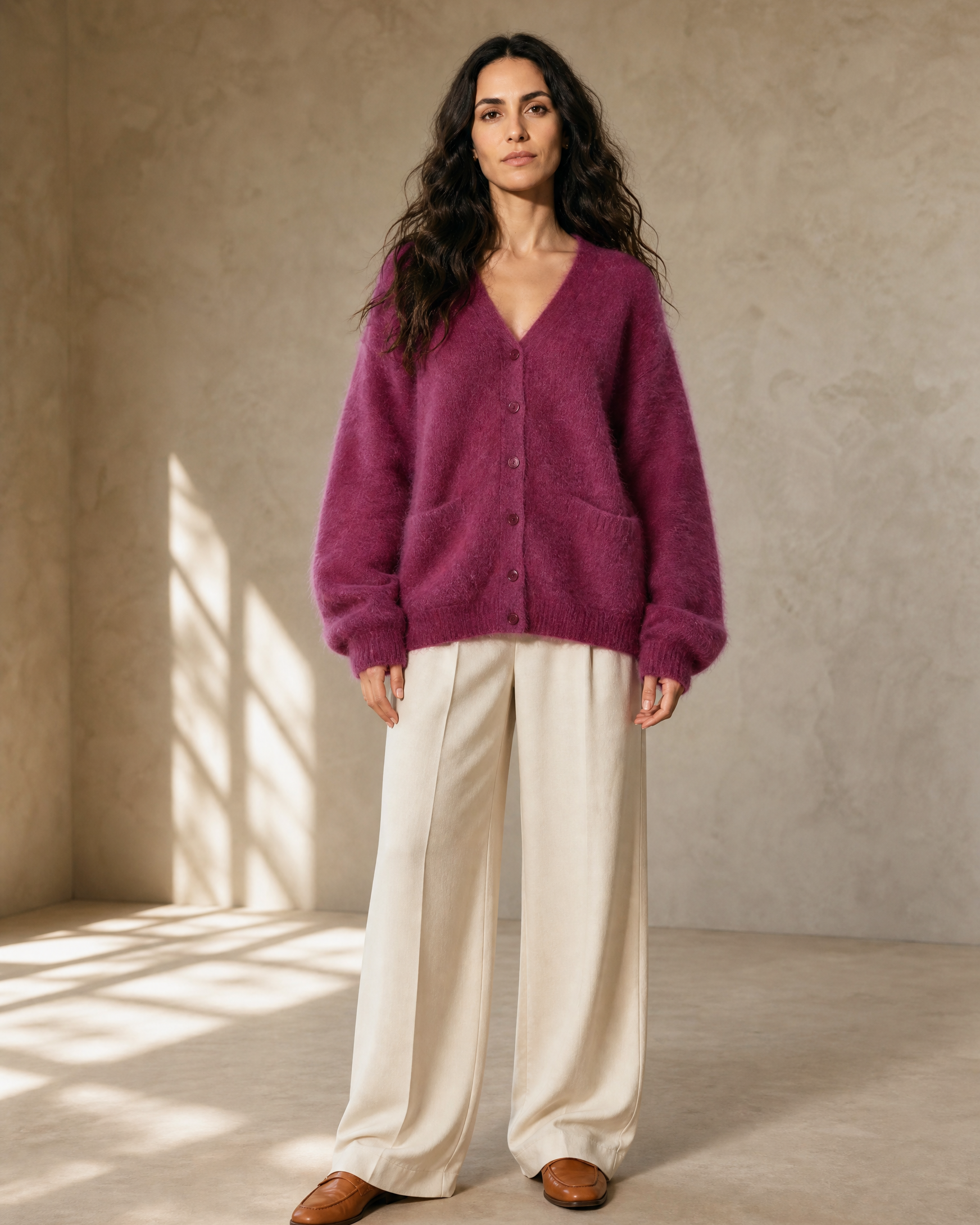Women's V-Neck Button Cardigan with Pockets in Dark Violet, open stance, arms relaxed, worn by model