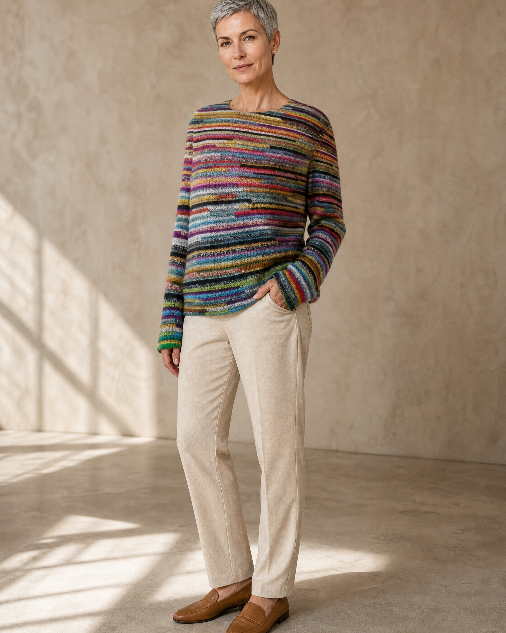 Women's Fashionable Pullover Sweater Top in Rainbow, one hand in pocket, half turn, worn by model