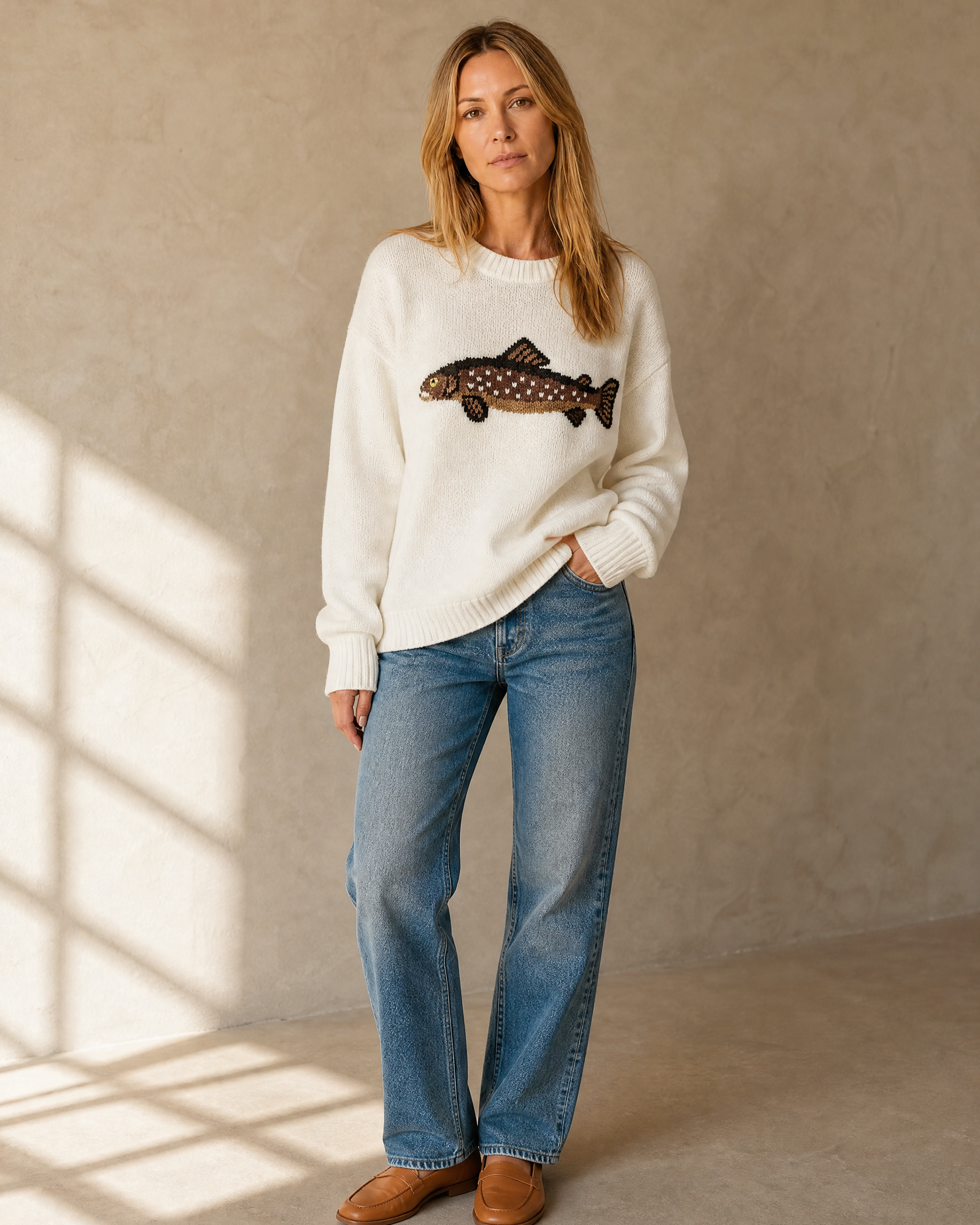 Women's Relaxed Fish Motif Knit Sweater in White, one hand in pocket, half turn, worn by model