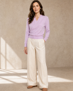 Women's Wrap V-Neck Knit Sweater for Everyday Layering in Lilac purple, one hand in pocket, half turn, worn by model