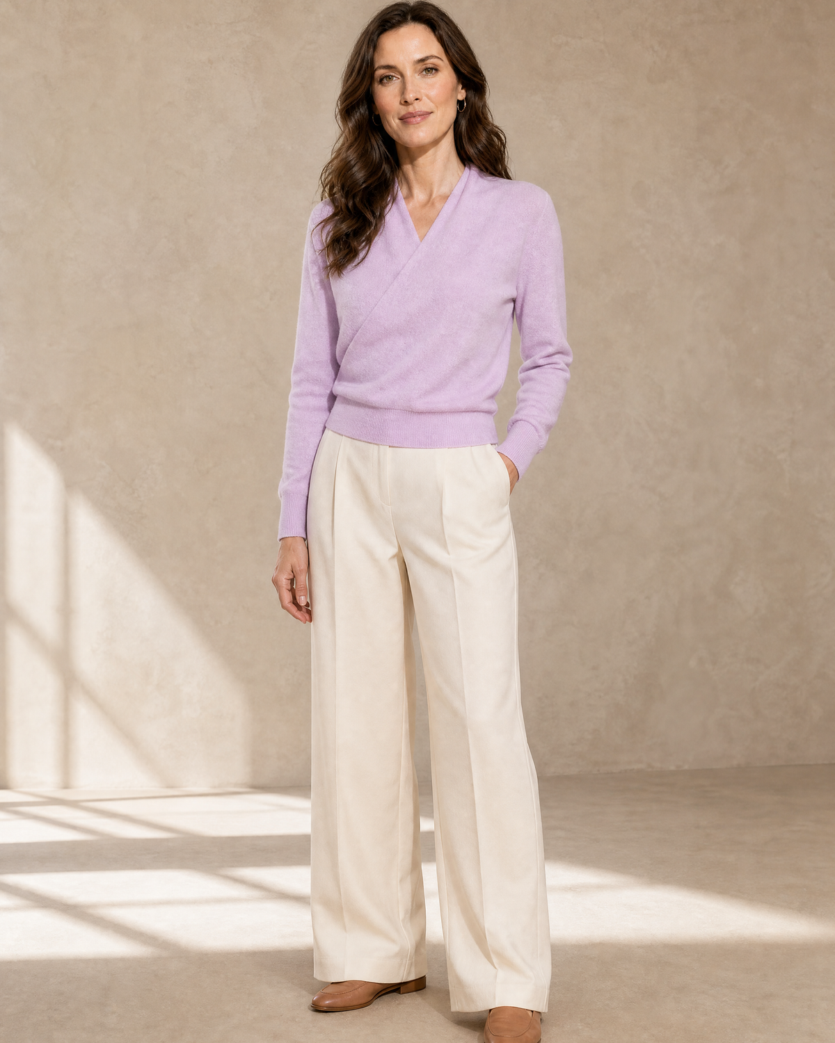 Women's Wrap V-Neck Knit Sweater for Everyday Layering in Lilac purple, one hand in pocket, half turn, worn by model