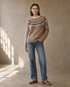 Women's Multicolour Patterned Crew Neck Sweater in Camel, one hand in pocket, half turn, worn by model