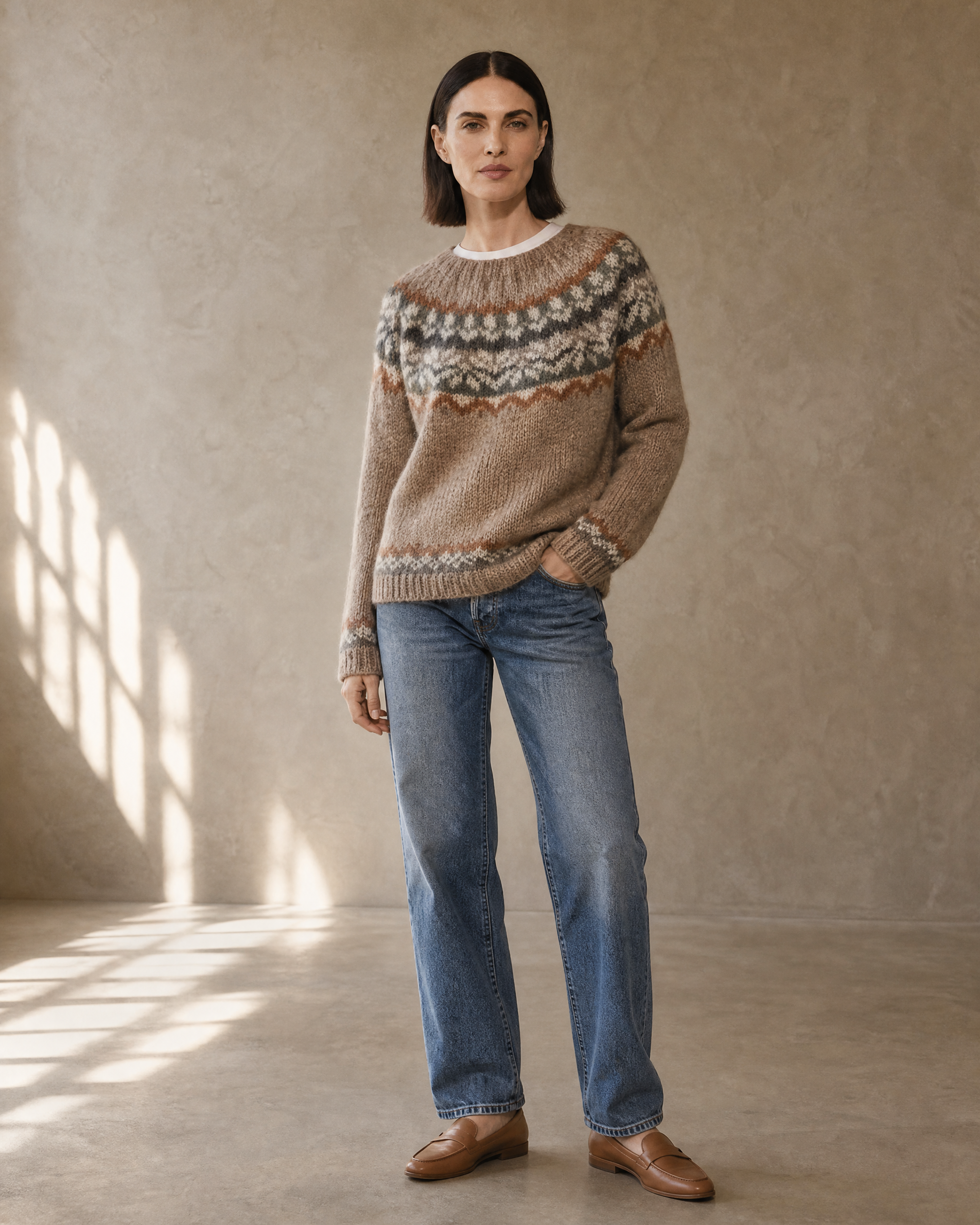 Women's Multicolour Patterned Crew Neck Sweater in Camel, one hand in pocket, half turn, worn by model