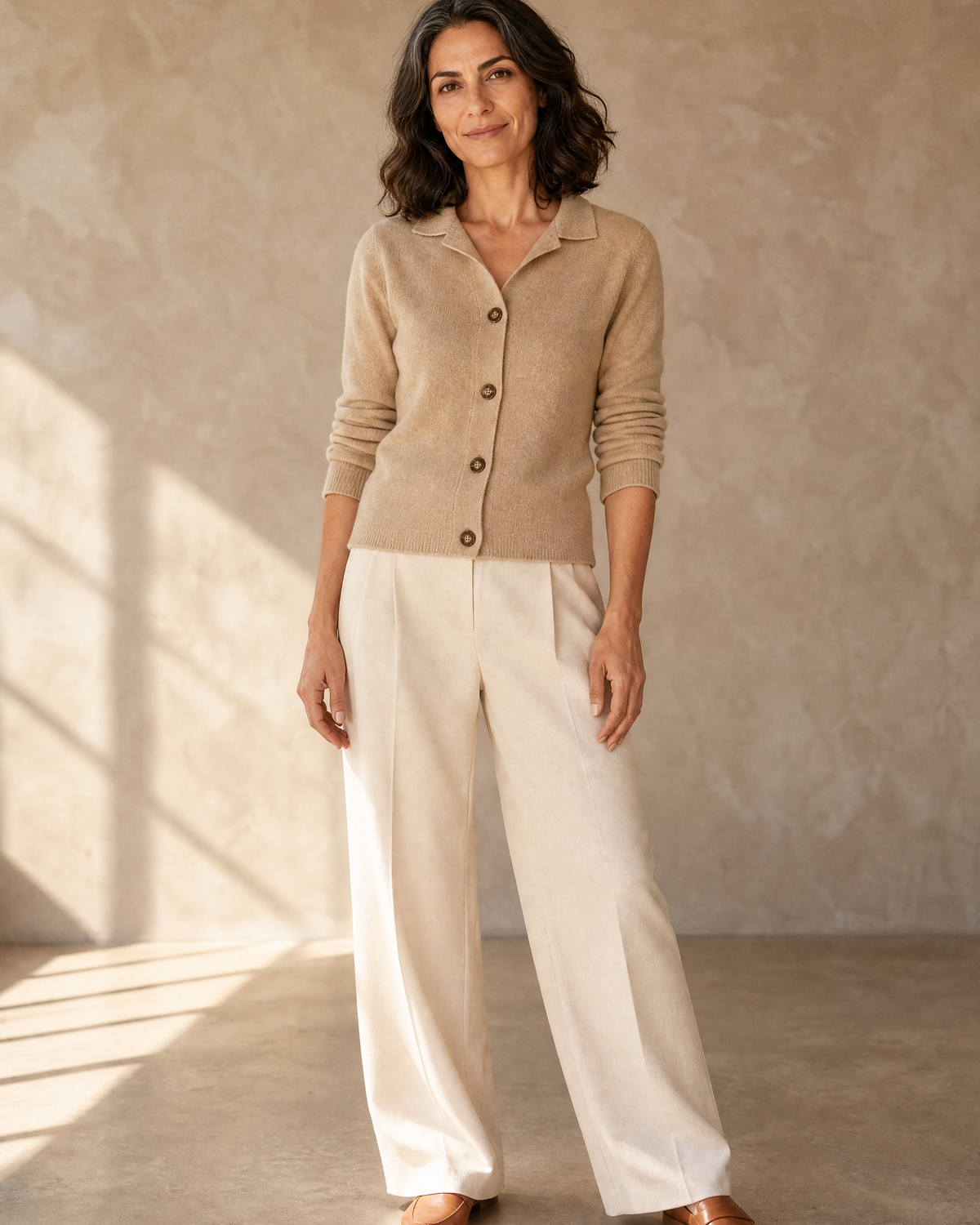 Women's Stand Collar Button Front Cardigan in Camel, sleeves pushed, arms down, worn by model
