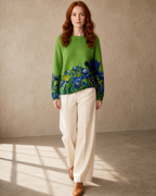 Women's Multicolour Patterned Crew Neck Sweater in Emerald green, step forward, settled, worn by model
