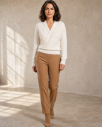 Women's Wrap V-Neck Knit Sweater for Everyday Layering in Milk white, step forward, settled, worn by model