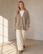 Women's V-Neck Button Cardigan with Pockets in Khaki, step forward, settled, worn by model