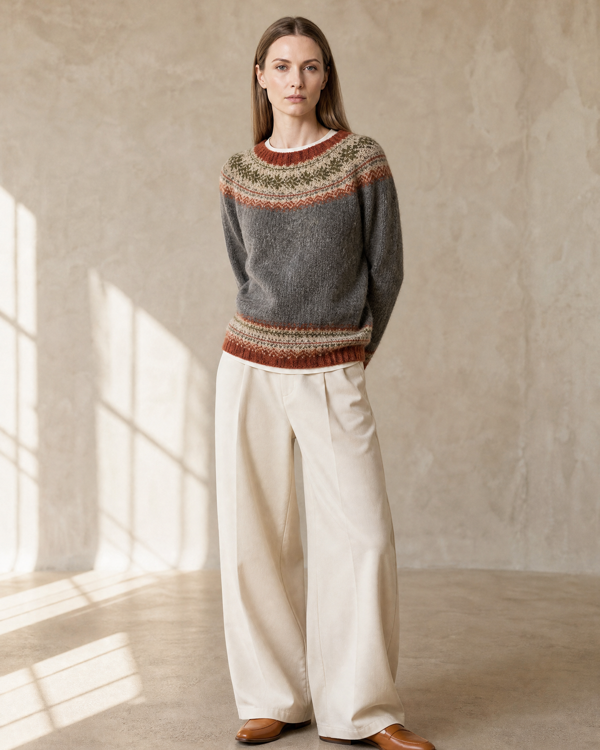 Women's Multicolour Patterned Crew Neck Sweater in Dark Gray, hands behind back, worn by model