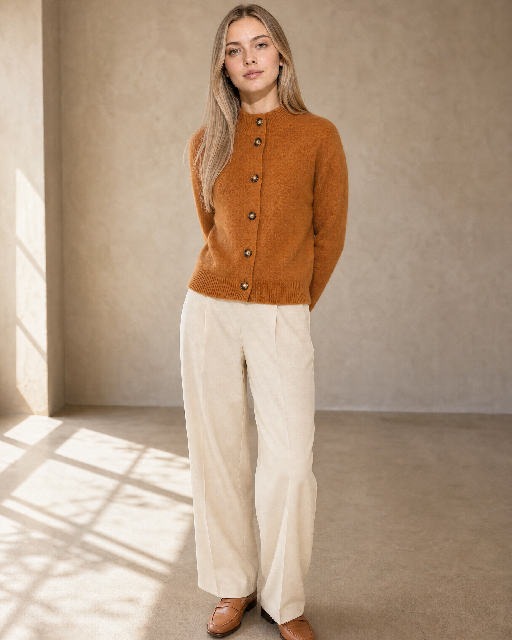 Women's Stand Collar Button Front Cardigan in Caramel Color, hands behind back, worn by model