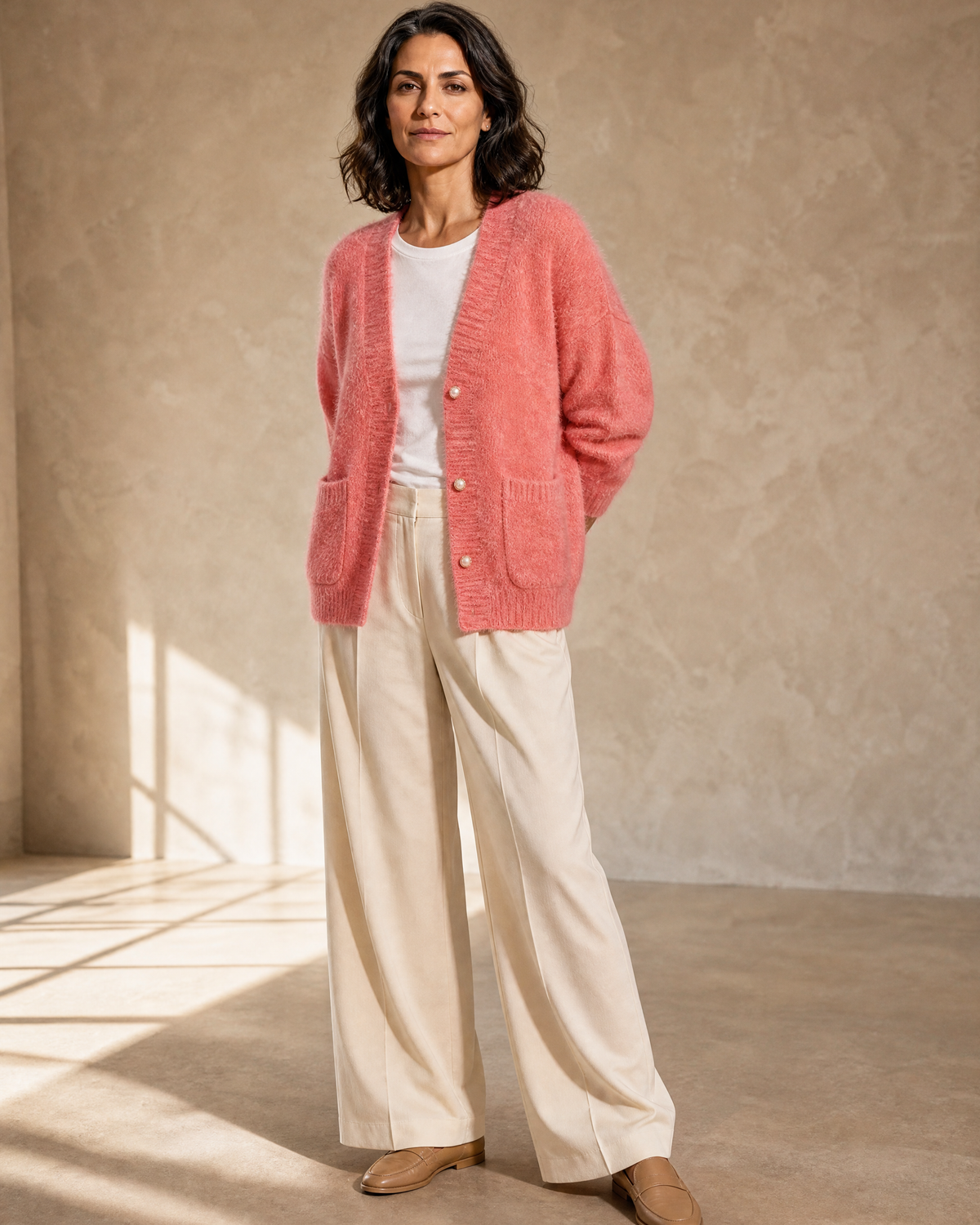 Women's Fuzzy Button Cardigan with Patch Pockets in Pink, hands behind back, worn by model