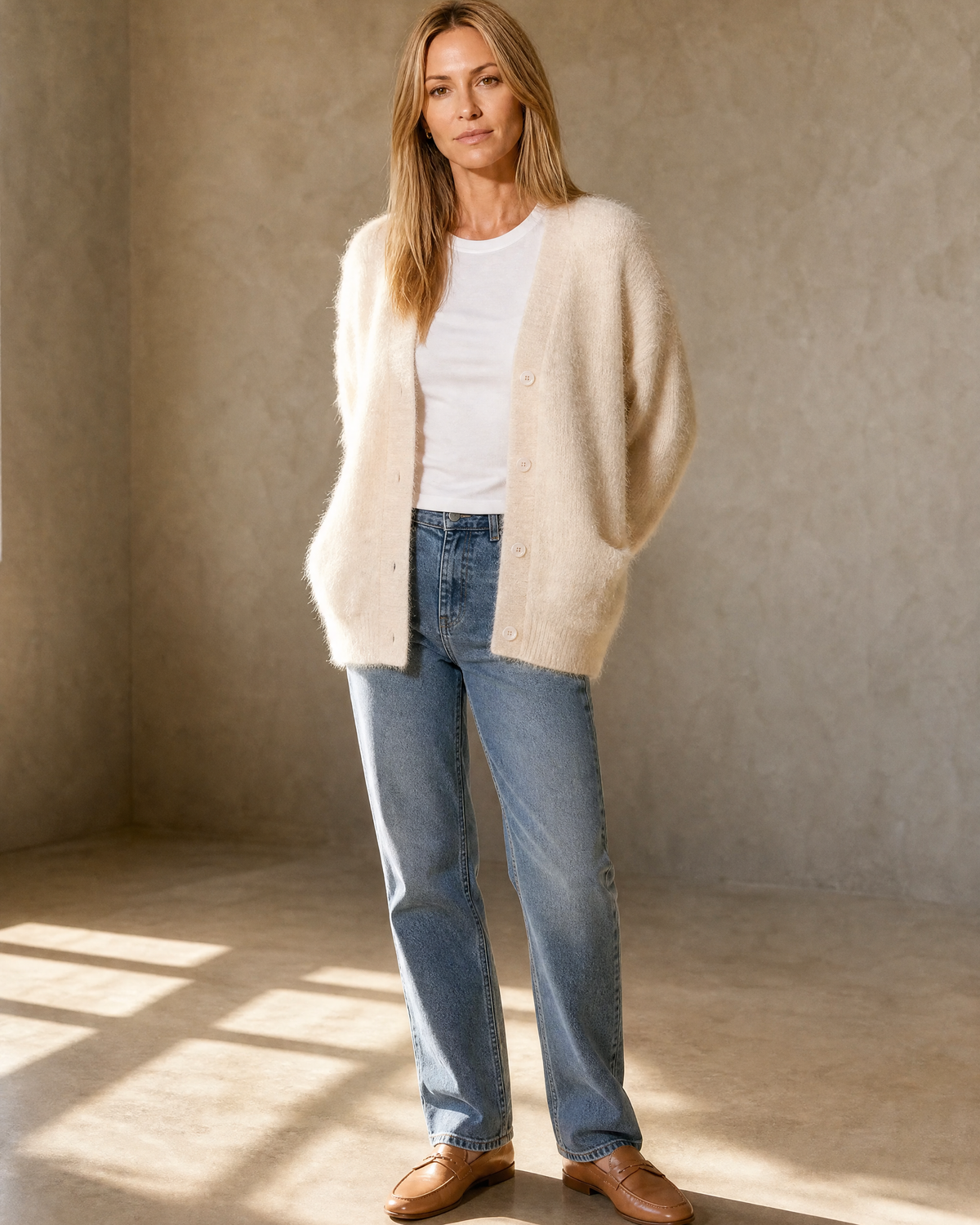 Women's V-Neck Button Cardigan with Pockets in Apricot, hands behind back, worn by model