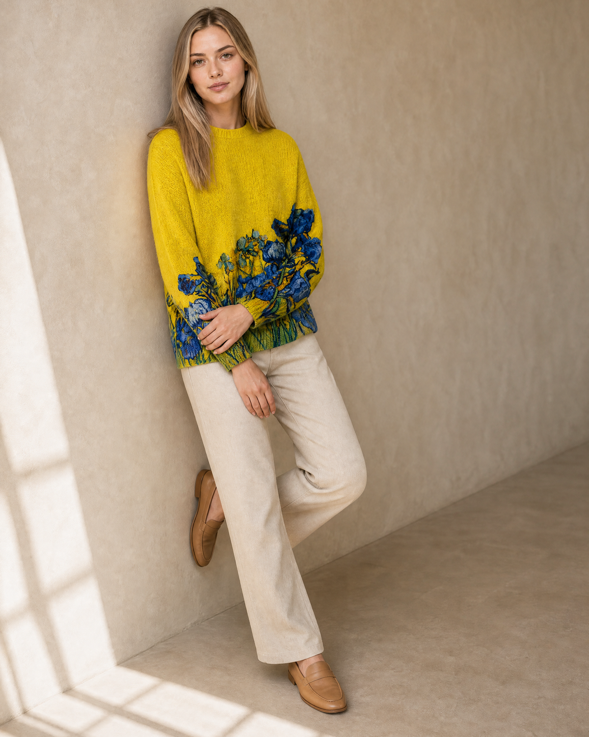Women's Multicolour Patterned Crew Neck Sweater in Bright Yellow, wall lean, arms crossed low, worn by model