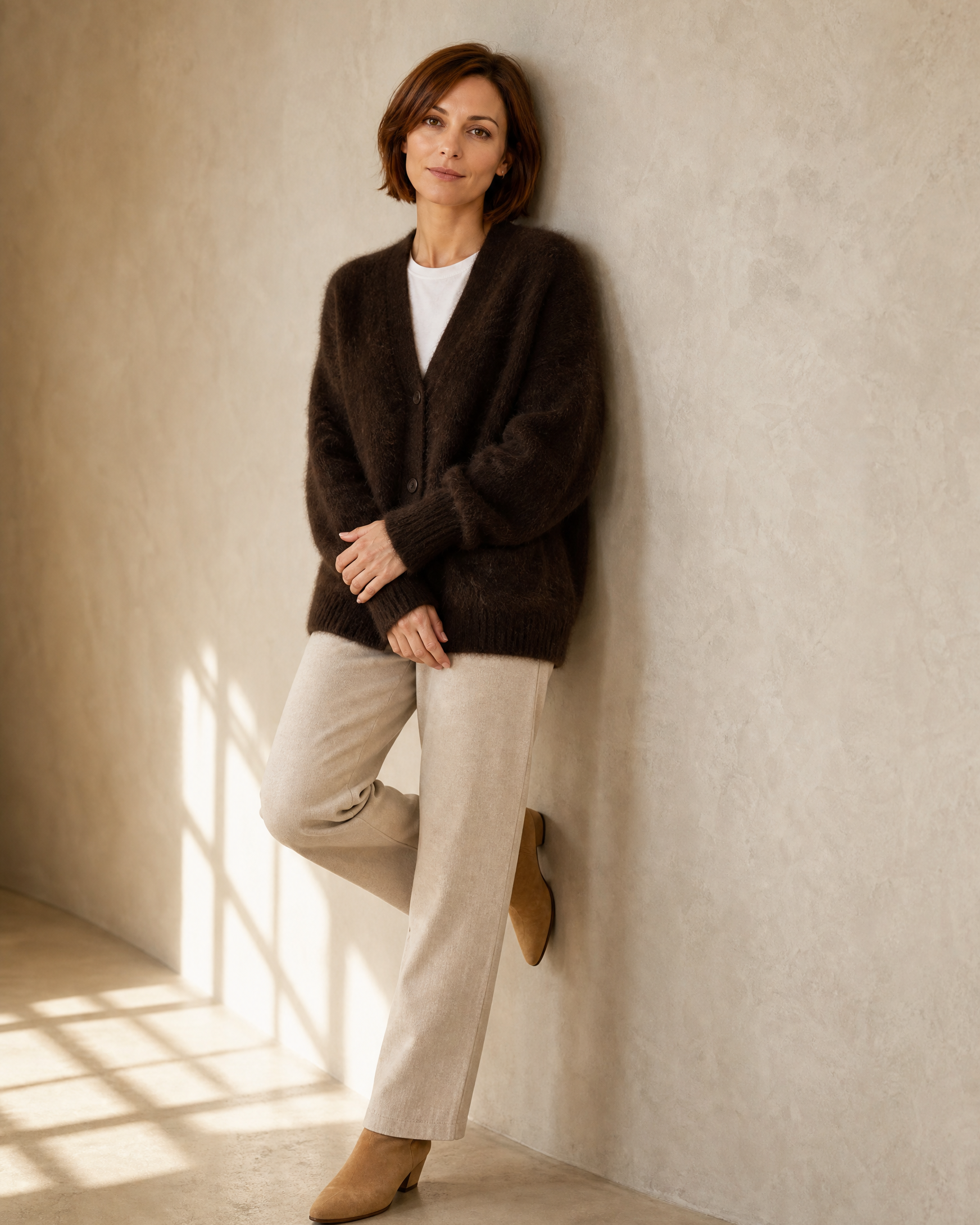 Women's V-Neck Button Cardigan with Pockets in Brown, wall lean, arms crossed low, worn by model