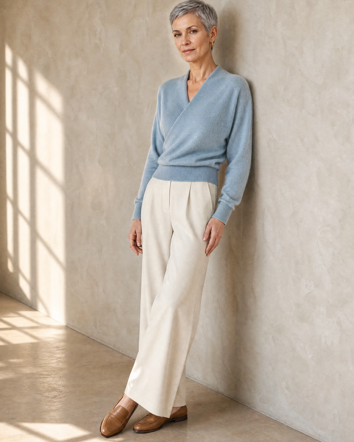 Women's Wrap V-Neck Knit Sweater for Everyday Layering in Stone blue, hip to wall, half profile, worn by model
