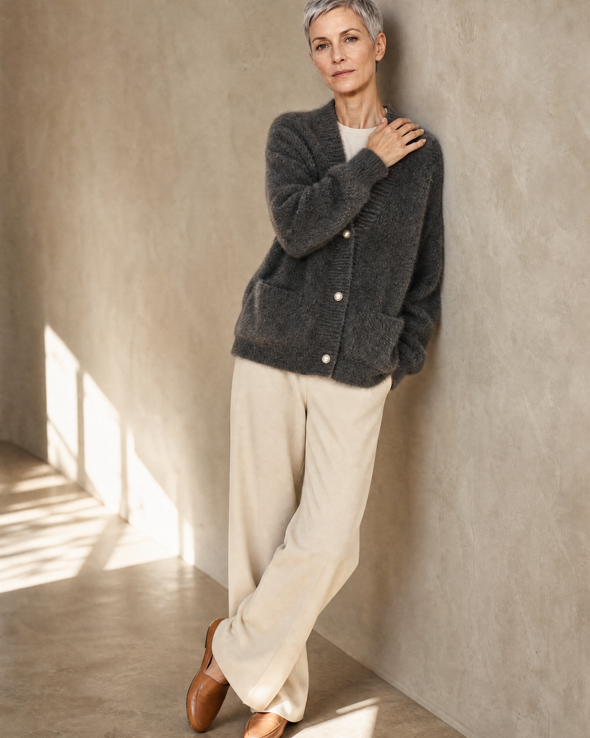 Women's Fuzzy Button Cardigan with Patch Pockets in Grey, wall lean, one hand raised to shoulder, worn by model