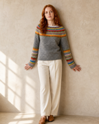 Women's Fashionable Pullover Sweater Top in Yellow, back against wall, head turned, worn by model