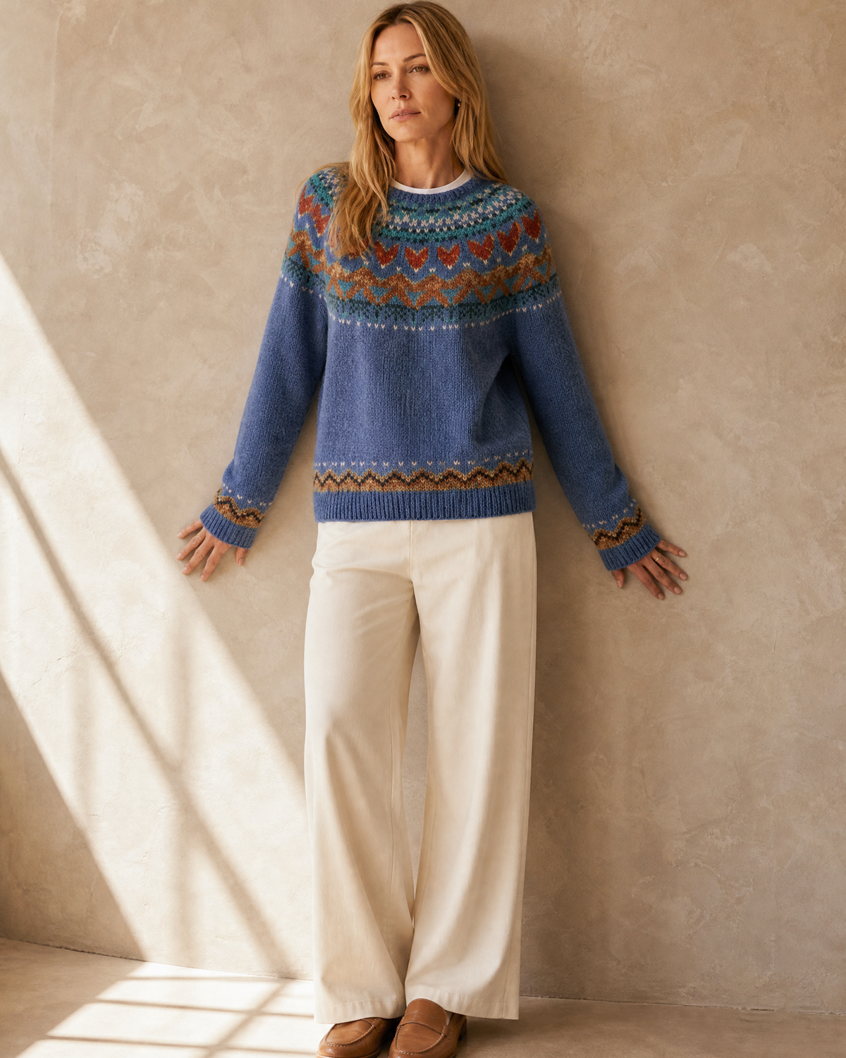 Women's Multicolour Patterned Crew Neck Sweater in Blue, back against wall, head turned, worn by model
