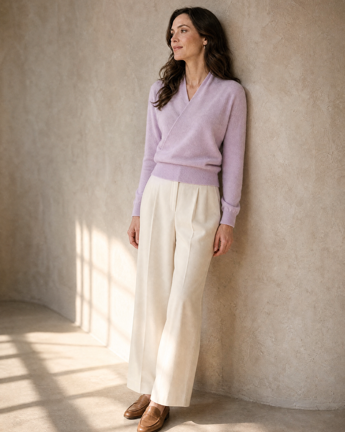 Women's Wrap V-Neck Knit Sweater for Everyday Layering in Lilac purple, wall lean, looking to the light, worn by model