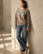 Women's Multicolour Patterned Crew Neck Sweater in Camel, wall lean, looking to the light, worn by model