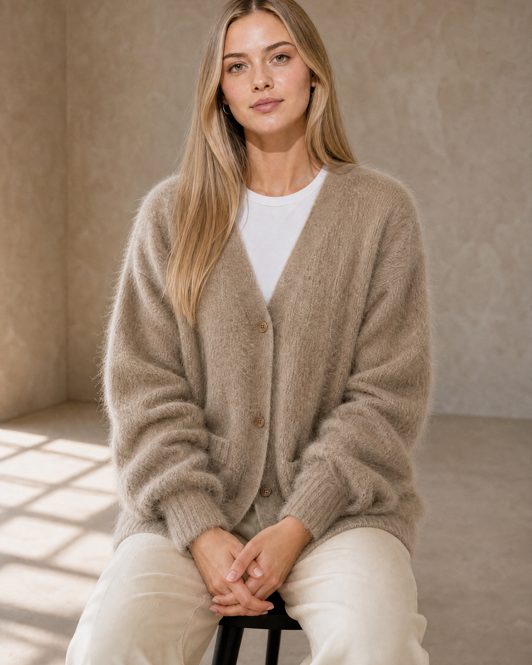 Women's V-Neck Button Cardigan with Pockets in Khaki, stool, hands in lap, worn by model