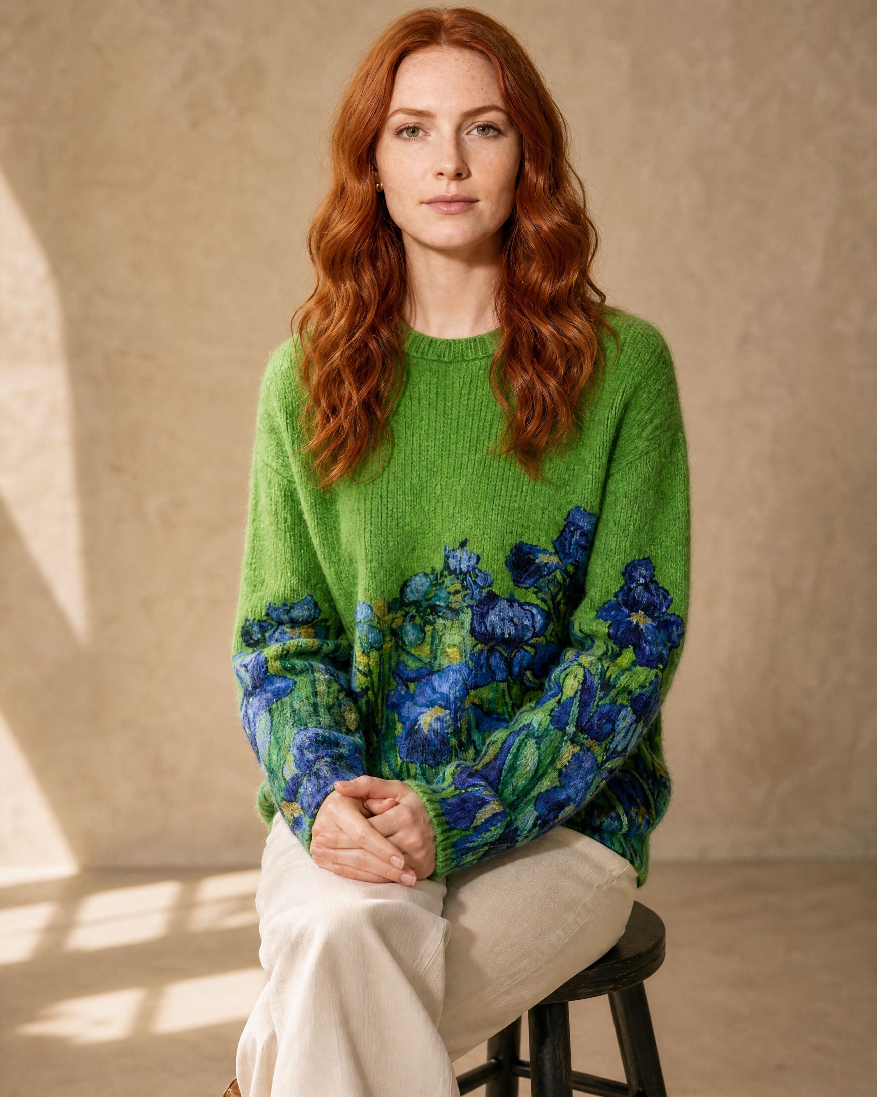 Women's Multicolour Patterned Crew Neck Sweater in Emerald green, stool, hands in lap, worn by model