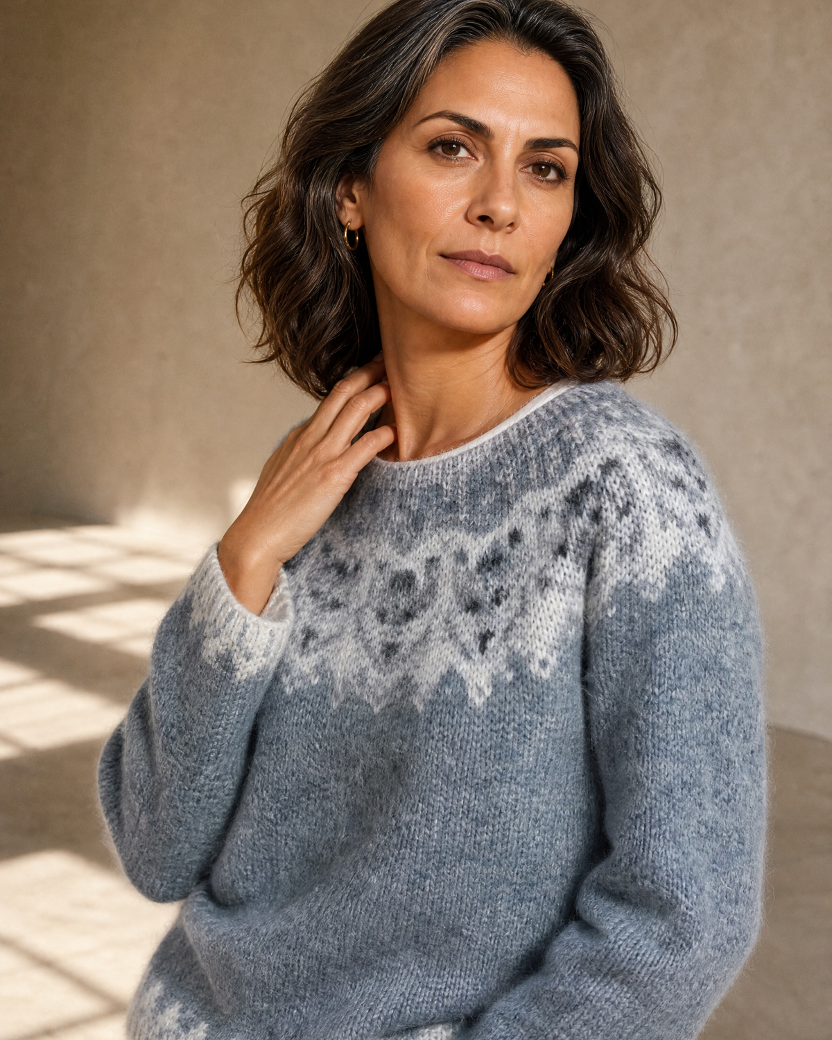 Women's Multicolour Patterned Crew Neck Sweater in Tibetan Wolf, shoulder and neckline detail, worn by model