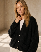 Women's Fuzzy Button Cardigan with Patch Pockets in Black, shoulder and neckline detail, worn by model