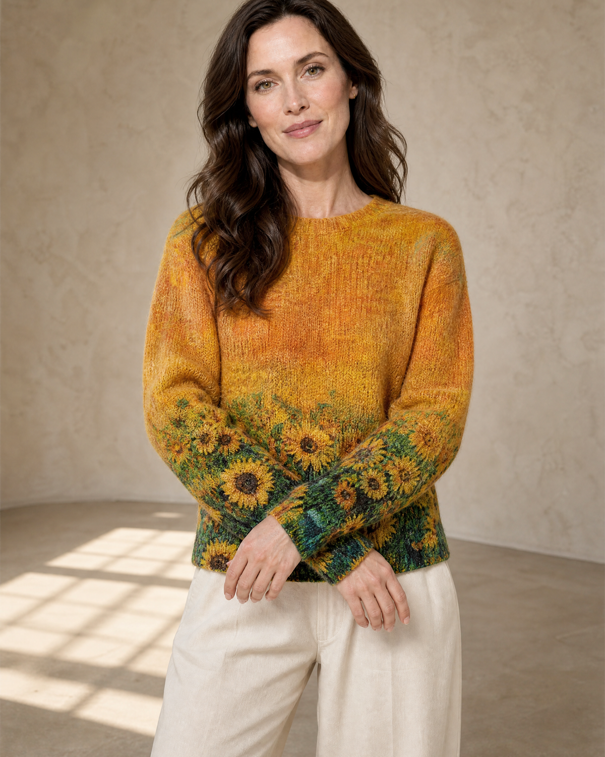 Women's Multicolour Patterned Crew Neck Sweater in Sunflower, crossed forearms, cuff and hem, worn by model