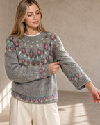 Women's Multicolour Patterned Crew Neck Sweater in Pink Diamond, sleeve held away, worn by model