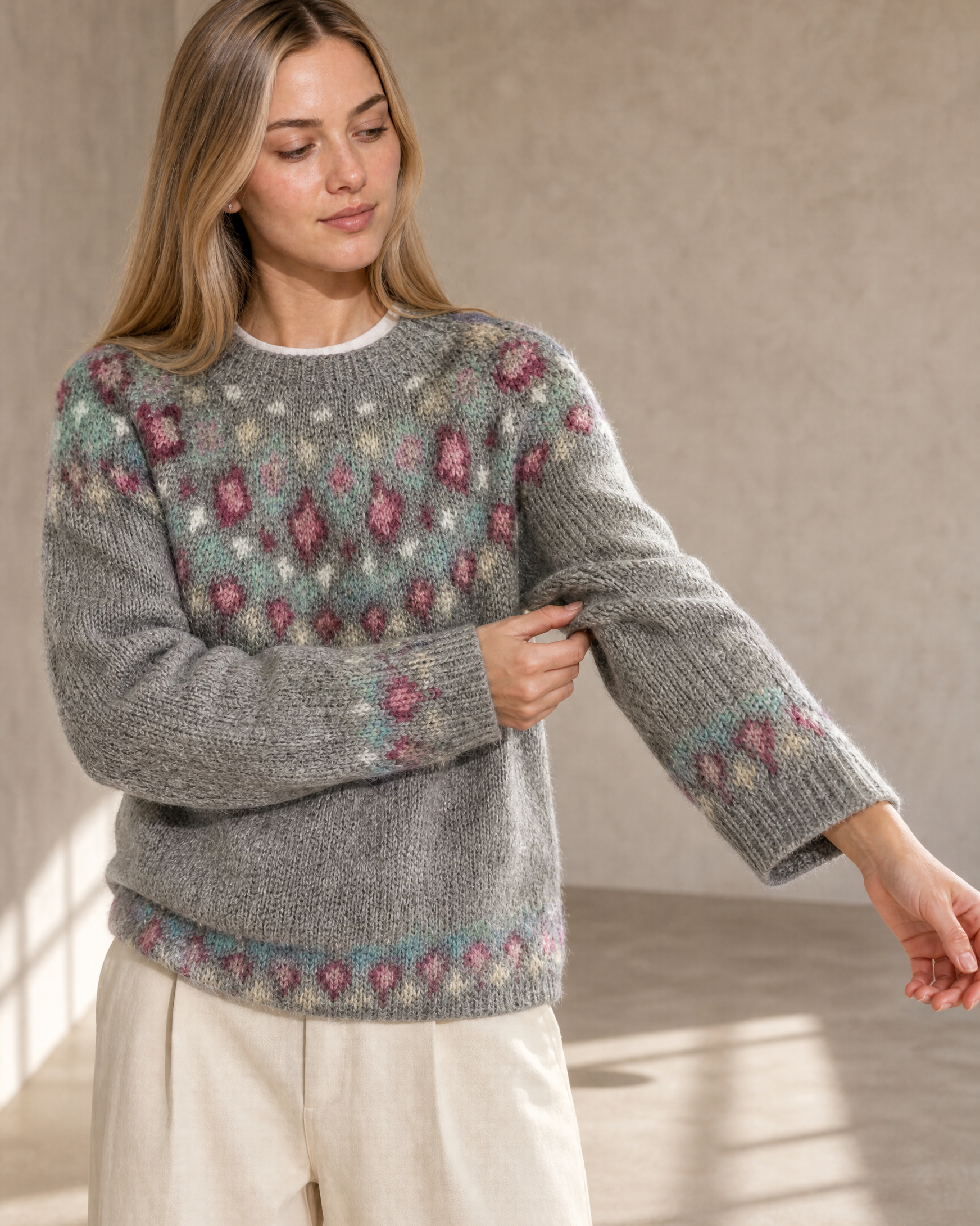 Women's Multicolour Patterned Crew Neck Sweater in Pink Diamond, sleeve held away, worn by model