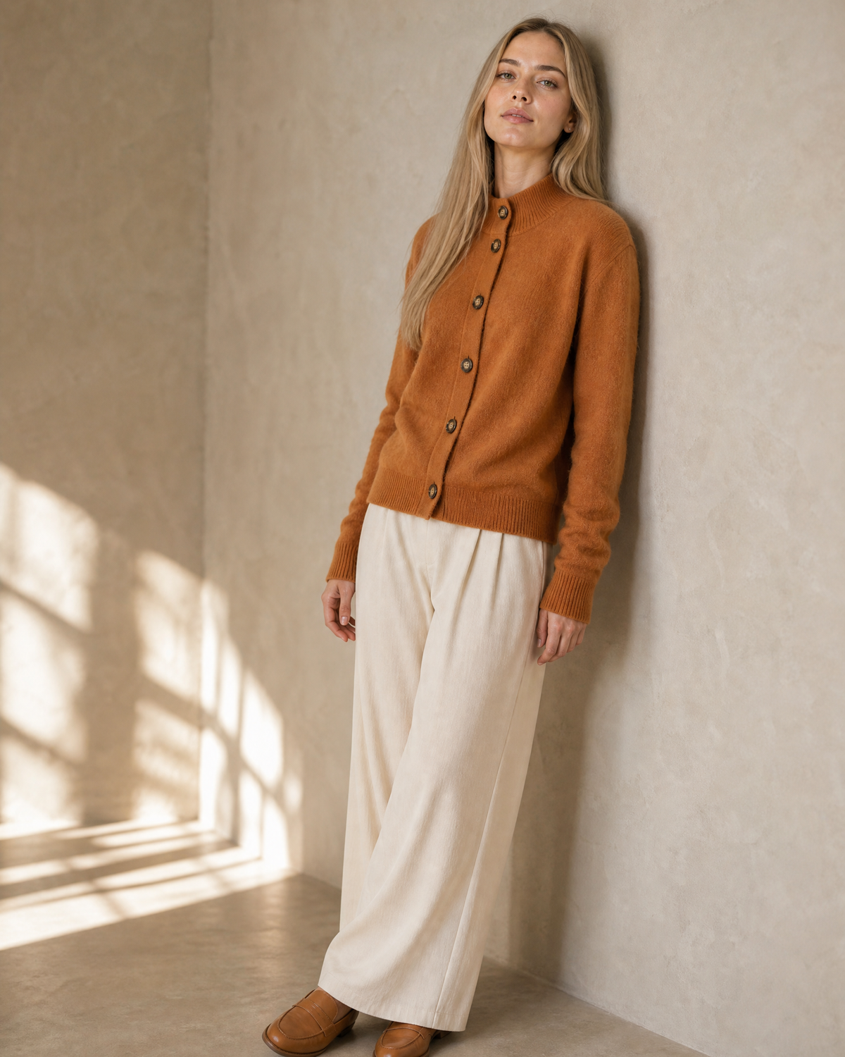 Women's Stand Collar Button Front Cardigan in Caramel Color, wall lean, head tipped back, worn by model