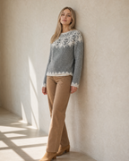 Women's Fashionable Pullover Sweater Top in Silver, wall lean, head tipped back, worn by model